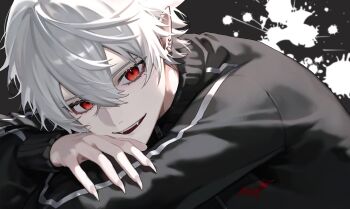 1boy black_jacket commentary ear_piercing fangs fingernails hair_between_eyes head_rest highres jacket kuzuha_(1st_costume)_(nijisanji) kuzuha_(nijisanji) long_sleeves looking_at_viewer male_focus mole mole_under_eye nijisanji open_mouth piercing pointy_ears red_eyes sharp_fingernails short_hair smile solo teeth tsukishiro_yashiro upper_teeth_only virtual_youtuber white_hair