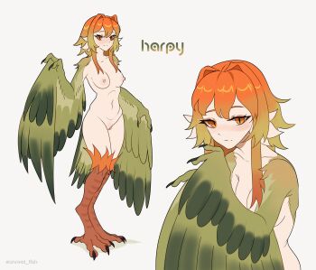 1girl absurdres animal_ears bird_ears bird_legs claws commentary digitigrade english_commentary feathered_wings feathers gradient_hair green_feathers green_wings highres long_hair multicolored_hair multiple_views navel nipples nude orange_eyes orange_hair original pussy sidelocks slit_pupils talons twitter_username uncensored unreal_fish winged_arms wings