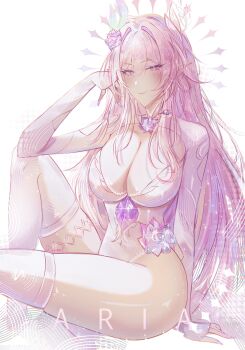 1girl a_r_i_a absurdres artist_name breasts cleavage commentary cyrene_(honkai:_star_rail) cyrene_(ripples_of_past_reverie)_(honkai:_star_rail) diamond-shaped_pupils diamond_(shape) earrings elbow_gloves fingerless_gloves gloves hair_ornament highres honkai:_star_rail honkai_(series) jewelry large_breasts leotard long_hair looking_at_viewer pink_hair pointy_ears purple_eyes smile solo symbol-shaped_pupils thighhighs thighs very_long_hair white_gloves white_leotard white_thighhighs