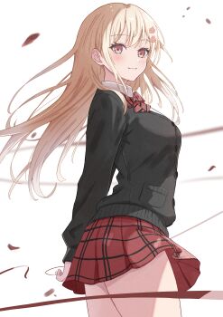 1girl absurdres azakura_(beniyomogi) black_cardigan blonde_hair blush bow bowtie breasts cardigan choppy_bangs closed_mouth commentary_request diagonal-striped_bow diagonal-striped_bowtie diagonal-striped_clothes floating_hair from_side highres long_hair long_sleeves looking_at_viewer looking_to_the_side miniskirt original pink_eyes plaid_clothes plaid_skirt pleated_skirt red_bow red_bowtie red_skirt school_uniform skirt smile solo striped_bow striped_bowtie striped_clothes turning_head white_background