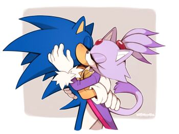1boy 1girl animal_ears artist_name blaze_the_cat blue_fur cat_ears cat_girl cat_tail closed_eyes commission forehead_jewel fur-trimmed_gloves fur_trim furry furry_female furry_male gloves highres kiss milkchaotea ponytail purple_fur simple_background sonic_(series) sonic_the_hedgehog tail white_gloves