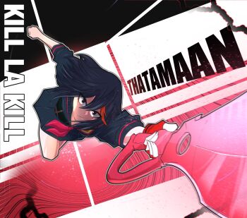 1girl artist_name black_eyes black_hair copyright_name fingerless_gloves gloves hair_between_eyes highres holding holding_sword holding_weapon kill_la_kill looking_at_viewer matoi_ryuuko multicolored_hair red_hair sailor_collar school_uniform scissor_blade_(kill_la_kill) senketsu single_fingerless_glove single_glove skirt streaked_hair sword thatamaan weapon