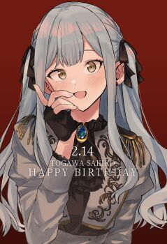 Rule 34 | 1girl, absurdres, ascot, bang dream!, bang dream! it's mygo!!!!!, black ascot, black gloves, black ribbon, blue gem, blue hair, blush, bow, commentary request, dated, earrings, epaulettes, fingerless gloves, gem, gloves, grey jacket, hair ribbon, hanetsuka, happy birthday, highres, jacket, jewelry, long hair, long sleeves, open mouth, red bow, ribbon, sidelocks, simple background, solo, togawa sakiko, two side up, upper body, yellow eyes