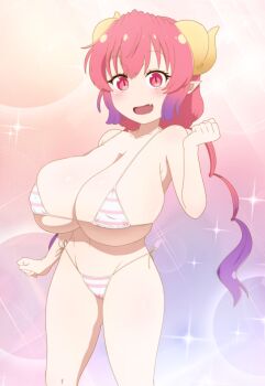 1girl absurdres bikini blush breasts cameltoe collarbone commentary_request dragon_girl dragon_horns fang gradient_hair highres horns ilulu_(maidragon) kobayashi-san_chi_no_maidragon kobou31 large_breasts long_hair looking_at_viewer multicolored_hair navel open_mouth red_eyes red_hair side-tie_bikini_bottom simple_background smile solo striped_bikini striped_clothes swimsuit twintails