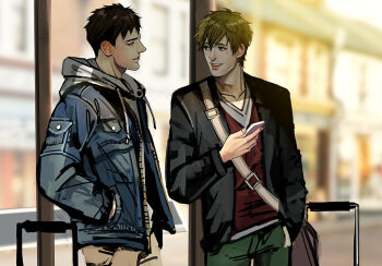 Rule 34 | 2boys, black hair, blue jacket, blurry, blurry background, brown hair, cellphone, commentary request, drawstring, free!, green pants, hand in pocket, holding, holding phone, hood, hood down, jacket, long sleeves, looking at another, male focus, mistermagnolia, multiple boys, open mouth, outdoors, pants, parted lips, phone, red shirt, shirt, short hair, smartphone, tachibana makoto, unfinished, yamazaki sousuke