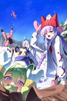 Rule 34 | > <, 4girls, :3, :d, absurdres, ahoge, aokumo rin, arm up, black shirt, black thighhighs, blue eyes, blue gloves, blue hair, blue sky, blue streaks, blush, bow, braid, brown scarf, chico (yuzuha riko), christmas tree, closed mouth, commentary request, creature, fang, full body, gloves, green hair, grey skirt, hair ornament, hanako nana, hat, hat bow, heart, heart hair ornament, heterochromia, highres, inari (tenko shibuki), jacket, korean commentary, kurimi (aokumo rin), long hair, long sleeves, looking at viewer, multicolored hair, multiple girls, open clothes, open jacket, open mouth, outdoors, peto (hanako nana), pink bow, pink gloves, pink jacket, pom pom (clothes), pom pom hair ornament, purple eyes, purple hair, purple pupils, red hat, scarf, shirt, skirt, sky, smile, snow, snowing, stellive, tenko shibuki, thighhighs, tiokun7, twin braids, two-tone hair, virtual youtuber, white hair, white jacket, x hair ornament, yellow eyes, yuzuha riko