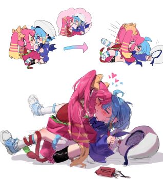 2girls blonde_hair blue_hair blush closed_eyes duel_monster food full_body highres ki-sikil_(yu-gi-oh!) lil-la_(yu-gi-oh!) live_twin_ki-sikil live_twin_lil-la long_hair multicolored_hair multiple_girls pink_hair pocky pocky_day pocky_kiss shared_food short_hair simple_background two-tone_hair virtual_youtuber white_background winter_snow yu-gi-oh! yuri