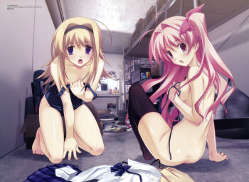 2000s_(style) 2girls 3d_background absurdres ahoge antenna_hair ass back bare_shoulders barefoot between_legs black_headband black_thighhighs blonde_hair blue_one-piece_swimsuit blush bottomless bow bowtie box bra breasts butt_crack chaos;head cleavage clothes_pull collarbone collared_shirt covering_breasts covering_nipples covering_privates embarrassed feet figure fingernails hair_bow hair_ribbon hand_between_legs headband highleg highres holding holding_unworn_clothes indoors jacket kneeling long_hair long_sidelocks looking_at_viewer matsuo_yukihiro medium_breasts monitor multiple_girls narrow_waist necktie nishijou_nanami no_panties official_art on_floor one-piece_swimsuit one-piece_swimsuit_pull open_mouth partially_undressed pink_eyes pink_hair plaid_bow plaid_bowtie plaid_clothes plaid_skirt pleated_skirt purple_eyes red_bow ribbon sakihata_rimi scan school_swimsuit school_uniform science_adventure shirt shoulder_blades side_ponytail sideboob sidelocks sitting skirt small_breasts stray_hair suimei_academy_school_uniform swimsuit thighhighs toenails toes tongue underboob underwear unworn_clothes unworn_jacket unworn_shirt unworn_skirt white_bra white_shirt