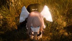 1boy 1girl 3d :&gt;= all_fours amateurthrowaway animated blue_eyes bouncing_breasts breasts brown_hair dark-skinned_male dark_skin eunie_(xenoblade) fellatio grass head_wings hetero highres looking_at_viewer looping_animation medium_breasts on_ground oral outdoors pov sound sunset tagme video wings xenoblade_chronicles_(series) xenoblade_chronicles_3