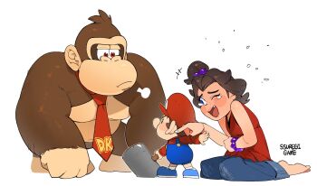 +++ 1girl 2boys ;d aged_down artist_name baby baby_mario barefoot blue_eyes blue_overalls blue_pants blue_shoes blush brown_hair child closed_mouth commentary_request denim donkey_kong donkey_kong_(series) donkey_kong_bananza fang freckles frown gorilla hair_ornament hair_scrunchie hammer hat highres holding holding_hammer jeans jewelry korean_commentary laughing long_sleeves looking_at_another mario mario_(series) medium_hair multiple_boys necktie nintendo one_eye_closed one_side_up open_mouth overall_shorts overalls pants pauline_(mario) pauline_(young)_(mario) purple_scrunchie red_eyes red_hat red_necktie red_shirt scrunchie shirt shoes simple_background sitting sleeveless sleeveless_shirt smile ssuregigame tears white_background wrist_scrunchie