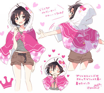 Rule 34 | 1girl, :3, belt, black eyes, black hair, blush, brown shorts, capelet, closed eyes, closed mouth, commentary request, cropped legs, crown (symbol), from side, green tank top, heart, heart print, hood, hood up, hooded capelet, idolmaster, idolmaster (classic), kikuchi makoto, looking at viewer, looking back, open mouth, short hair, short shorts, shorts, simple background, smile, tank top, translation request, twitter username, white background, yoriyomo