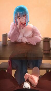 1girl absurdres areola_slip barefoot borrowed_character breasts character_request cleavage cup facepaint feet highres large_breasts original table tagme wass_nonnam