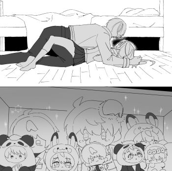 1boy 1girl animal_ear_hood animal_hood black_pants black_skirt character_doll collared_shirt couple doll fake_animal_ears greyscale hair_between_eyes head_wreath hetero highres hood love_and_deepspace monochrome no_shoes panda_hood pants pleated_skirt protagonist_(love_and_deepspace) shirt short_hair sketch skirt socks sparkle staxxylove stuffed_toy under_bed white_socks wooden_floor xavier_(love_and_deepspace)