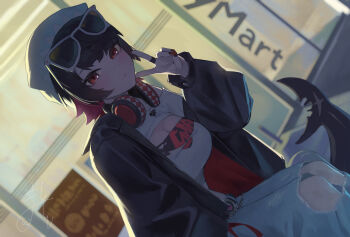 1girl :/ alternate_costume black_hair black_jacket blue_jacket cleavage_cutout clothing_cutout commentary_request ellen_joe eyewear_on_head familymart fins fish_tail gomashiwo_o hat headphones headphones_around_neck highres jacket looking_at_viewer midriff pants red_eyes shark_girl shark_tail shirt short_hair solo tail torn_clothes torn_pants v white_hat white_shirt zenless_zone_zero