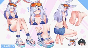 1girl ? absurdres adjusting_footwear animal_ears ass bare_legs barefoot bikini blood blue_bikini blue_eyes blue_shorts blush breasts chibi chibi_inset closed_mouth collarbone commission denim denim_shorts eyelashes feet feet_only foot_focus full_body goggles goggles_on_head grey_hair hair_over_one_eye heel_up highres knees_together_feet_apart knees_up large_breasts legs long_hair looking_back micro_bikini multiple_views nosebleed one_eye_covered original pietrosatou platform_sandals rabbit_ears rabbit_girl rabbit_tail sandals seiza short_shorts shorts side-tie_bikini_bottom sitting smile soles swimsuit tail toe_scrunch toenails toes torn_clothes torn_shorts underboob