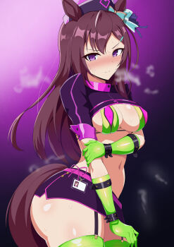 1girl absurdres animal_ears arm_under_breasts belt bikini black_hair black_hat black_shrug black_skirt black_tail blush bow breasts cleavage closed_mouth commentary_request cosplay ear_bow elbow_gloves fate/grand_order fate_(series) florence_nightingale_(fate) florence_nightingale_(trick_or_treatment)_(fate) florence_nightingale_(trick_or_treatment)_(fate)_(cosplay) gloves green_bikini green_gloves hand_on_own_arm hat highres horse_ears horse_girl horse_tail kurosemaru large_breasts layered_bikini long_hair looking_at_viewer mejiro_dober_(umamusume) microskirt navel nose_blush nurse_cap pink_belt purple_background purple_eyes rubber_gloves shrug_(clothing) simple_background skindentation skirt solo steaming_body sweat swimsuit tail thick_thighs thighs umamusume v-shaped_eyebrows