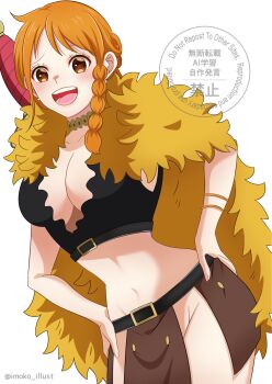 1girl belt belt_buckle blush braid braided_sidelock breasts brown_eyes brown_loincloth buckle cape cleavage commentary_request cowboy_shot crop_top earrings fur_cape gold_choker hands_on_own_hips highres imoko_(imoko_illust) jewelry large_breasts leaning_to_the_side long_hair looking_at_viewer midriff nami_(one_piece) narrow_waist navel no_panties official_alternate_costume official_alternate_hairstyle one_piece open_mouth orange_hair pearl_earrings single_sidelock solo sword sword_on_back twitter_username weapon weapon_on_back white_background yellow_cape