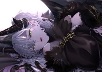 1girl bare_shoulders breasts cleavage demon_girl demon_horns fate/grand_order fate_(series) green_eyes grey_hair hair_around_horn hair_on_horn highres horns large_breasts lilith_(fate) lilith_(third_ascension)_(fate) long_hair looking_at_viewer pointy_ears ri_o_ne_su skeletal_bracelet solo tattoo_between_breasts very_long_hair