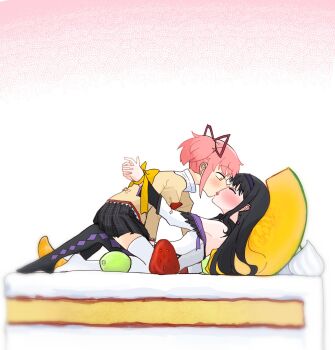 2girls akemi_homura akemi_homura_(magical_girl) arms_up back_bow bad_tag bdsm black_hair black_pantyhose black_skirt bluecloud blush bondage bound bow bowtie cake closed_eyes couple cream detached_sleeves diamond_(shape) dress dress_shirt feathers food french_kiss fruit full-face_blush gem hair_ribbon hairband half-closed_eyes helmet highres hug jewelry juliet_sleeves kaname_madoka kiss long_hair long_sleeves lying mahou_shoujo_madoka_magica mahou_shoujo_madoka_magica:_walpurgis_no_kaiten mitakihara_school_uniform multiple_girls off_shoulder official_alternate_costume open_mouth pale_skin pantyhose patterned_background pineapple pink_background pink_hair plaid_clothes plaid_skirt puffy_sleeves purple_gemstone purple_hairband red_bow red_bowtie red_ribbon ribbon ribbon_bondage school_uniform shirt short_hair sidelocks sitting sitting_on_lap sitting_on_person skirt straddling strawberry tearing_up tears thighhighs tongue white_background white_dress white_thighhighs yellow_bow yellow_eyes yellow_ribbon yellow_shirt yuri zettai_ryouiki