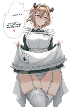 1girl animal_ears apron blush breasts brown_hair clothes_lift collared_dress commentary contrast_collar crossed_bangs dress english_commentary english_text frilled_apron frills garter_straps gluteal_fold green_dress green_eyes hair_ribbon hat heart highres id_card indie_virtual_youtuber large_breasts light_smile long_sleeves looking_at_viewer maid_apron medium_hair myth1carts naughty_face nimi_nightmare nimi_nightmare_(1st_costume) nurse_cap one_side_up panties ribbon simple_background skindentation skirt skirt_lift solo speech_bubble tapir_ears tapir_girl thick_thighs thighhighs thighs twitter_username underwear virtual_youtuber waist_bag white_apron white_background white_panties white_thighhighs
