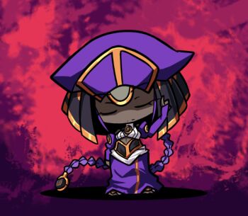 1girl aekashics bare_shoulders braid braided_ponytail breasts chibi cleavage closed_eyes closed_mouth dark_skin detached_sleeves dress dust_of_osiris hat melty_blood midriff ponytail purple_hair purple_skirt sidelocks sion_eltnam_(type-moon) skirt tsukihime