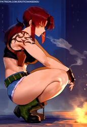 1girl ai-generated bare_shoulders belt black_lagoon black_tank_top breasts brown_hair cigarette denim denim_shorts erotic_nansensu fingerless_gloves from_side gloves highres holster muscular muscular_female ponytail revy_(black_lagoon) shoes shorts shoulder_holster sleeveless smoking solo squatting tank_top tattoo tribal_tattoo untied_shoelaces