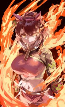 1girl animal_ears black_sleeves breasts brown_eyes brown_hair closed_mouth cropped_shirt dantsu_flame_(center_spotlight)_(umamusume) dantsu_flame_(umamusume) glowing glowing_eye highres horse_ears horse_girl inishie_kumo large_breasts looking_at_viewer navel pink_shirt pink_shorts shirt shorts solo stomach umamusume