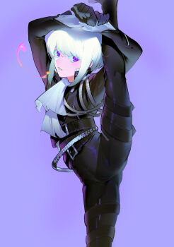 1boy ascot belt fire gapamopa highres leg_lift leg_up lio_fotia male_focus pants promare purple_background purple_eyes pyrokinesis silver_hair simple_background skin_tight solo split standing standing_on_one_leg standing_split tight_clothes tight_pants white_ascot