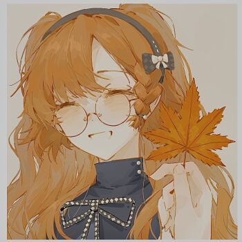 1girl 1other ^_^ autumn_leaves black_hairband blue_dress border checkered_ribbon closed_eyes dress facing_viewer glasses grey_background grey_border grin hairband holding holding_leaf leaf long_hair maple_leaf neck_ribbon official_alternate_costume orange_hair parted_lips portrait pov pov_hands reverse:1999 ribbon round_eyewear smile solo_focus sonetto_(emotion_in_tranquility)_(reverse:1999) sonetto_(reverse:1999) two_side_up xy_mt2528