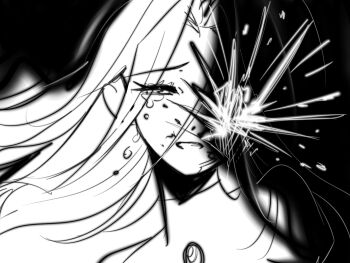 1girl alien_stage commentary crying english_commentary greyscale highres long_hair mijiang_47 mizi_(alien_stage) monochrome one_eye_covered open_mouth portrait solo tears