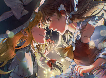 2girls aihara-rina ascot black_hat black_vest blonde_hair bow braid brown_eyes brown_hair chest_sarashi commentary_request cropped_torso detached_sleeves face-to-face frilled_hair_tubes frilled_hat frills from_side hair_bow hair_tubes hakurei_reimu hat hat_bow highres holding holding_ofuda kirisame_marisa long_hair mini-hakkero multiple_girls ofuda red_bow sarashi short_sleeves single_braid touhou vest white_bow yellow_ascot yellow_eyes