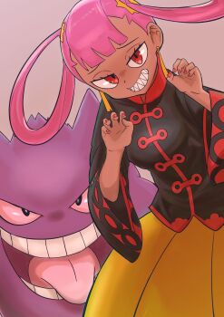 1girl absurdres black_jacket commentary_request earrings eyelashes gen_1_pokemon gengar grey_background grin hair_rings hands_up hanten_(hantennano) high_collar highres jacket jewelry long_hair looking_at_viewer nail_polish nintendo pink_hair pokemon pokemon_(creature) pokemon_masters_ex punk_girl_(pokemon) raised_inner_eyebrows red_eyes red_nails sharp_teeth skirt smile teeth yellow_skirt