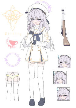 1girl absurdres black_shoes blue_archive commentary_request dress full_body garter_straps gloves gun halo hand_up hat highres loafers long_hair long_sleeves mizusaki_(kn27) multiple_expressions neckerchief open_mouth purple_eyes purple_hair reference_sheet sailor_collar shoes simple_background tea_party_militant_(blue_archive) thighhighs weapon white_background white_dress white_garter_straps white_gloves white_hat white_sailor_collar white_thighhighs white_wings wings