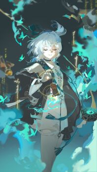 1girl absurdres bare_shoulders bell black_choker black_jacket black_nails blue_hair breasts buling_(wuthering_waves) chinese_commentary choker closed_eyes commentary_request detached_sleeves dress facing_viewer hair_between_eyes highres holding holding_bell jacket medium_hair nail_polish parted_lips rafaelaaa small_breasts smile solo tacet_mark_(wuthering_waves) white_dress wuthering_waves yin_yang