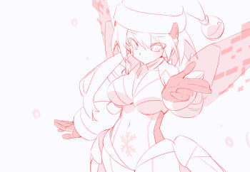 1girl bra breasts christmas commentary_request cowboy_shot energy_wings hat ico_(megaman_x_dive) kaidou_zx large_breasts lineart mega_man_(series) mega_man_x_(series) mega_man_x_dive pubic_tattoo red_theme santa_hat smile snowflakes solo tattoo underwear