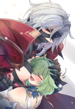 1boy 1girl bandage_in_mouth bandage_on_face bandage_over_one_eye bandaged_hand bandaged_torso bandages bare_shoulders black_bandages blue_collar blush cheek_press cloak closed_eyes collar cottondog_ouob couple dress face_on_another&#039;s_chest genshin_impact green_hair hand_grab headpat height_difference hetero high_collar highres jewelry large_pectorals looking_at_another neck_ring open_cloak open_clothes open_mouth pectoral_press pectorals red_cloak red_eyes rerir_(genshin_impact) short_hair tearing_up tears tholindis_(genshin_impact) tsurime white_background white_dress white_hair