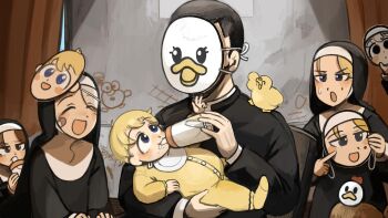 1boy 5girls :d :o aged_down baby baby_animal baby_bottle bandaid bandaid_on_face bird black_hair blonde_hair blue_eyes bottle brown_eyes brown_hair bunny_nun_(diva) chicken closed_eyes clumsy_nun_(diva) commentary diva_(hyxpk) duck duck_mask duckling english_commentary father_(diva) feeding grey_hair highres hungry_nun_(diva) leaf_nun_(diva) little_nuns_(diva) mask milk multiple_girls nun open_mouth smile strict_nun_(diva) traditional_nun