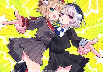 2girls ;d ahoge beret black_hat black_jacket black_shoes black_skirt blonde_hair blue_bow blue_bowtie blue_ribbon blunt_bangs blush bow bowtie braid buttons cheek-to-cheek collared_shirt commentary_request cowboy_shot double-breasted dress_shirt electricity electrokinesis emphasis_lines expressionless finger_beam finger_gun green_eyes grey_hair grey_jacket grey_skirt hair_ornament hair_rings hat heads_together indie_virtual_youtuber jacket long_sleeves miniskirt multiple_girls neck_ribbon one_eye_closed open_mouth pinstripe_jacket pinstripe_pattern pinstripe_skirt pleated_skirt pointing pointing_at_viewer pom_pom_(clothes) pom_pom_hair_ornament red_eyes red_hat red_sailor_collar red_socks ribbon sailor_collar school_uniform shigure_ui_(vtuber) shigure_ui_(vtuber)_(1st_costume) shirt shoes short_hair side_braid side_part side_up_ring skirt sleeve_cuffs smile socks two_side_up ui_(voisona) upskirt virtual_youtuber voisona white_shirt yellow_background zest_(lossol)