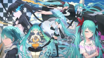 absurdres aqua_eyes aqua_hair aqua_nails aqua_necktie bare_shoulders bikini black_bikini black_hair black_ribbon black_rock_shooter black_rock_shooter_(character) black_rock_shooter_(character)_(cosplay) black_thighhighs blue_sky chain character_request cloud commentary copyright_request cosplay crossed_arms detached_sleeves english_commentary frilled_skirt frills glowing glowing_weapon hair_between_eyes hair_ornament hajimete_no_koi_ga_owaru_toki_(vocaloid) hatsune_miku highres holding holding_umbrella koi_wa_sensou_(vocaloid) long_hair looking_at_viewer melt_(vocaloid) nail_polish necktie odds_&amp;_ends_(vocaloid) open_mouth ribbon robot scarf sekiranun_graffiti_(vocaloid) skirt sky swimsuit thighhighs tokaki twintails umbrella vocaloid weapon world_is_mine_(vocaloid)