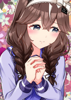 Rule 34 | 1girl, blush, bow, bowtie, braid, braided sidelocks, brown hair, commentary request, curren bouquetd'or (umamusume), flower, grey eyes, hair between eyes, hairband, highres, horse girl, interlocked fingers, kamelie, long braid, long hair, long sleeves, low twin braids, own hands clasped, own hands together, purple sailor collar, purple shirt, sailor collar, sailor shirt, school uniform, shirt, solo, sweatdrop, tracen school uniform, twin braids, umamusume, upper body, white bow, white bowtie, white streaks