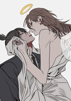 2boys androgynous angel angel_devil_(chainsaw_man) angel_wings black_hair black_jacket black_necktie brown_hair chainsaw_man collared_shirt commentary_request grey_shirt halo hand_on_another's_face hayakawa_aki head_back highres jacket long_hair looking_at_another male_focus memon0te multiple_boys necktie open_mouth parted_bangs ponytail shirt short_ponytail simple_background suit_jacket upper_body white_background wing_collar wings yaoi