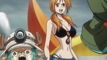 3girls 6+boys alternate_costume alternate_hairstyle animated anime_screenshot arm_support audible_speech backpack bag bikini bikini_under_clothes black_bikini blonde_hair blue_pants bracelet breasts brook_(one_piece) brown_eyes cropped curvy dark-skinned_female dark_skin devil_fruit_power dress female_focus franky_(one_piece) giant gloves grin hair_ribbon hands_on_own_hips happy hat high_ponytail highleg highleg_bikini inside_creature jacket japanese_audio jewelry jumping large_breasts log_pose looking_at_another looking_at_viewer low_twintails midriff monkey_d._luffy multiple_boys multiple_girls nami_(one_piece) navel nico_robin official_alternate_costume official_alternate_hairstyle olga_myskina one_piece one_piece_heart_of_gold open_clothes open_jacket orange_eyes orange_hair outdoors pants pectorals ponytail red_eyes revealing_clothes ribbon ryona sanji_(one_piece) shiny_skin short_hair shoulder_tattoo smile sound straw_hat swimsuit tagme talking tattoo thong thong_bikini thousand_sunny toei_company tony_tony_chopper twintails usopp video whale_tail_(clothing) wide_hips