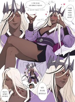 1boy anger_vein arms_up artist_self-insert blackmoon0823 blush bottle chibi chibi_inset collarbone commentary_request cookie_run cookie_run:_kingdom crossed_legs crown cup dark-skinned_male dark_cacao_cookie dark_skin drunk gem hand_on_own_face heart highres holding holding_bottle holding_cup humanization korean_commentary korean_text long_hair long_sleeves looking_ahead looking_at_viewer lying male_focus multicolored_hair multiple_views nipples obi on_back pectorals pillow purple_robe red_eyes robe sash simple_background sleeve_cuffs speech_bubble spikes streaked_hair translation_request twitter_username v-neck veins white_background white_hair