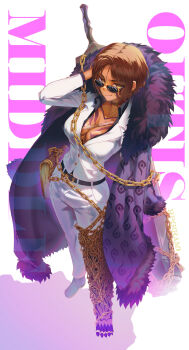 1girl absurdres breasts brown_hair chain chain_around_leg chest_tattoo commentary dark-skinned_female dark_skin e.g.o_(project_moon) english_commentary from_above full-body_tattoo fur_trim highres limbus_company long_sleeves looking_at_viewer medium_breasts middle_(identity)_(project_moon) official_alternate_costume outis_(project_moon) pants project_moon rpg_(ram) scar scar_on_chest smile solo sunglasses tattoo white_pants yellow_eyes