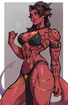 Rule 34 | 1girl, absurdres, armlet, artist name, baldur's gate, baldur's gate 3, bare shoulders, bikini, black armlet, black bikini, black hair, black nails, breasts, chain, clenched hand, colored skin, contrapposto, cowboy shot, demon girl, demon horns, demon tail, dungeons & dragons, ear piercing, freckles, glowing skin, gold chain, gold piercing, hand up, highres, horns, jewelry, karlach, linea alba, long hair, looking at viewer, moi yablochki, multicolored hair, multiple scars, muscular, muscular female, navel, pelvic curtain, piercing, pointy ears, red hair, red skin, scar, scar on face, scar on nose, shiny skin, simple background, sling bikini top, slit pupils, smile, solo, swimsuit, tail, tattoo, thick thighs, thighs, tiefling, toned, two-tone hair, yellow eyes