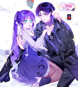 1boy 1girl alternate_costume alternate_hairstyle asymmetrical_bangs belt black_belt black_boots black_coat black_eyes black_leg_warmers black_nails black_pants black_sleeves blue_eyes blunt_bangs boots bow bright_pupils brown_pantyhose casual coat contemporary couple covered_navel crescent_print cropped_jacket dress ear_piercing earrings eyelashes eyelid_piercing eyeliner eyeshadow face_piercing forehead_piercing formal_clothes foxtrot_(foxtrot_xx) fur-trimmed_jacket fur_trim genshin_impact hair_between_eyes hair_bow hand_on_another's_back hand_on_another's_shoulder hetero high_heels high_ponytail highres holding_hands jacket jewelry lace-up_boots leg_warmers long_hair long_sleeves looking_at_another makeup mistletoe mona_(genshin_impact) open_clothes open_coat pants pantyhose parted_lips piercing ponytail purple_dress purple_lips purple_sweater purple_theme raised_eyebrows red_eyeliner red_eyeshadow ribbed_sweater ring ring_box ringlets scaramouche_(genshin_impact) see-through_clothes see-through_jacket short_eyebrows sidelocks sitting star_(symbol) star_earrings star_print strapless strapless_dress sweater white_background white_mouth white_pupils