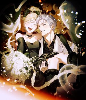 1boy 1girl absurdres balloon black_bow black_choker black_dress black_gloves black_shirt blonde_hair bow carrying choker closed_eyes coat dress elbow_gloves flower gloves highres holding holding_flower how_to_win_my_husband_over iske_van_omerta long_hair looking_at_another princess_carry red_eyes rudbeckia_de_borgia shirt siru048 white_coat white_hair