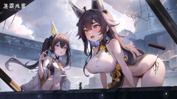 1other 2girls bandaid bandaid_on_face bandaid_on_nose bare_shoulders bent_over black_panties breasts broken_cable brown_hair chinese_clothes chinese_commentary chinese_text cleavage_cutout clothing_cutout copyright_name drooling embarrassed giant giantess hard_hat haze/reverb helmet highres hualian_(haze/reverb) huameng_(haze/reverb) large_breasts looking_at_another mechanical_ears multiple_girls navel nipples official_art panties pelvic_curtain siblings side-tie_panties sidelocks sisters size_difference small_breasts twintails underwear wet wet_clothes