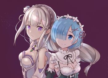 2girls bare_shoulders blue_eyes blue_hair braid breasts cleavage closed_mouth commentary_request crown_braid detached_sleeves dress emilia_(re:zero) flower grey_hair hair_flower hair_ornament hair_over_one_eye hair_ribbon kototomari long_hair looking_at_viewer maid maid_headdress medium_breasts multiple_girls parted_bangs pointy_ears purple_background purple_eyes purple_ribbon re:zero_kara_hajimeru_isekai_seikatsu rem_(re:zero) ribbon roswaal_mansion_maid_uniform short_hair simple_background smile split_mouth white_dress white_flower x_hair_ornament