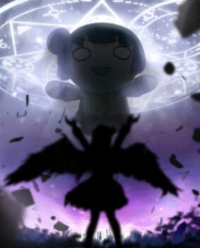 1girl :d arms_up blue_hair bow bowtie buttons commentary_request double-breasted dress grey_skirt hair_bun korean_commentary long_hair long_sleeves love_live! love_live!_sunshine!! magic_circle miniskirt nesoberi open_mouth oversized_object pleated_skirt redame school_uniform shirt silhouette single_side_bun skirt smile summoning tsushima_yoshiko uranohoshi_school_uniform v-shaped_eyebrows white_shirt wings winter_uniform yellow_bow yellow_bowtie